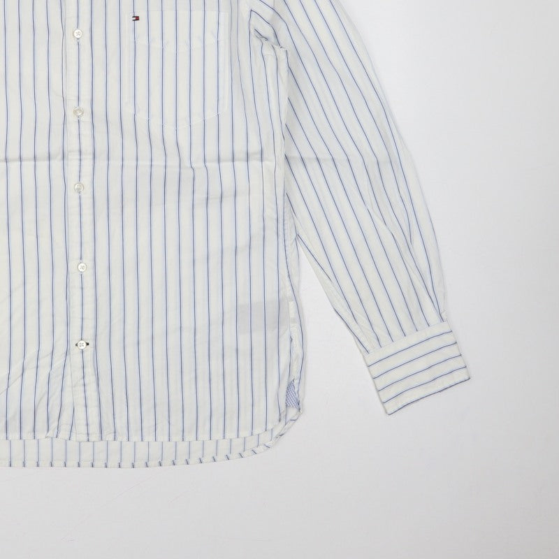 Tommy Hilfiger Men's White Blue Stripe M Custom Fit Band Collar Shirt