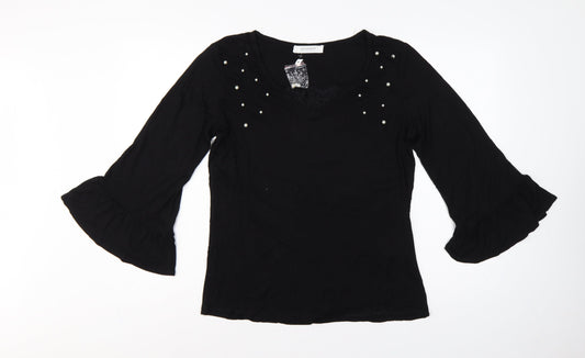 Promod Women Black L Basic Pearl V-Neck Bell Sleeve Blouse
