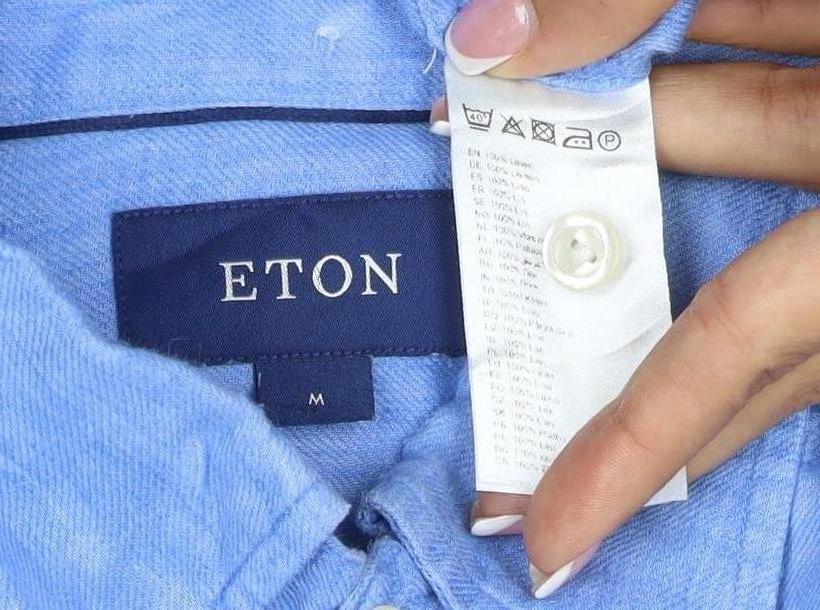 Brand and care label for Eton Men’s Blue Linen Button-Down Long Sleeve Shirt