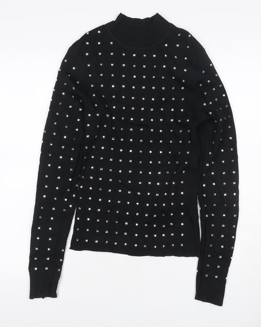 River Island Women Black UK 6 Basic Studded High Neck Long Sleeve Top