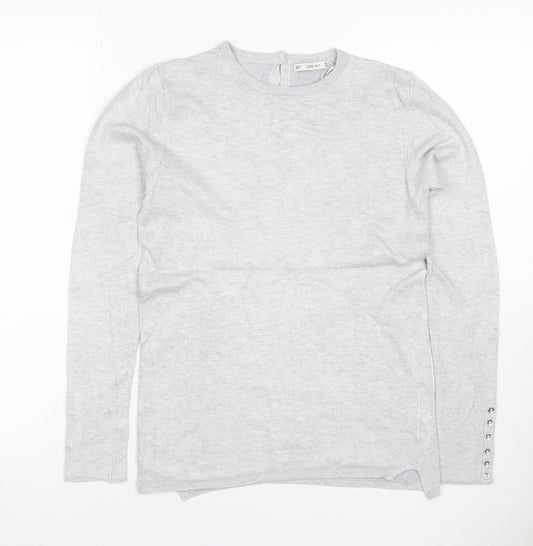 Zara Knit Women Grey M Crew Neck Button Cuff Long Sleeve Pullover Jumper