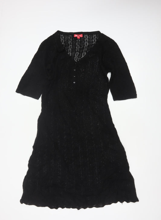 Monsoon Women Black L A-Line Knit Long V-Neck Button Dress