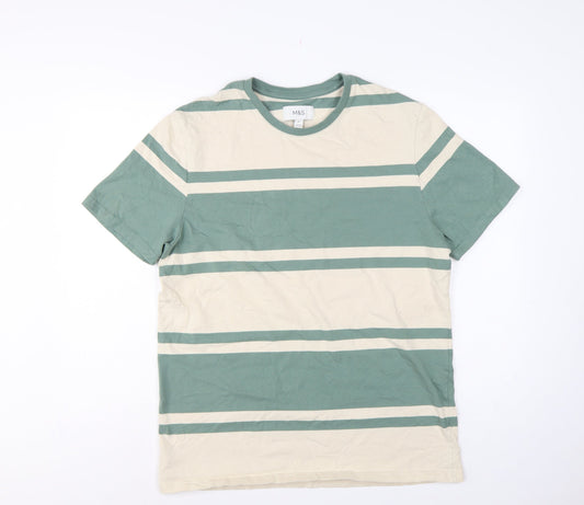 Back view of Marks & Spencer Men Green Beige Striped Crew Neck XL T-Shirt