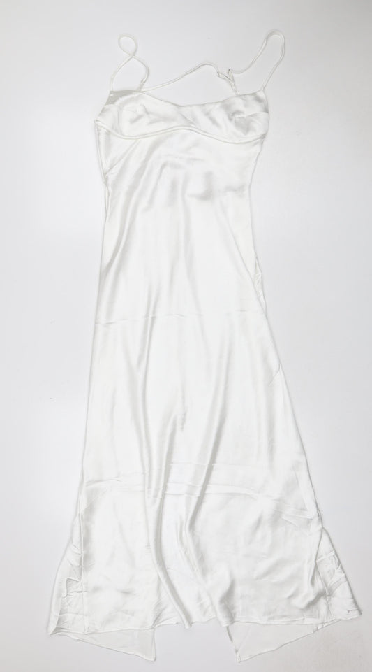 Zara Women White S Long Satin Halter Backless Slip Dress