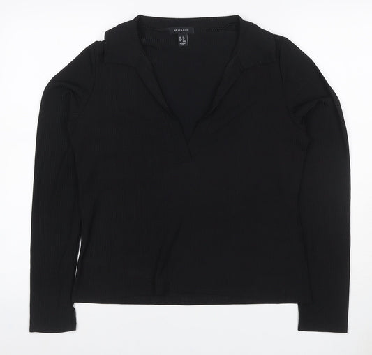 New Look Women Black UK 16 Ribbed Wrap Collared Long Sleeve Blouse