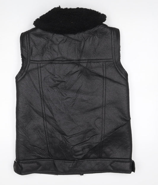 M&S Women’s Black Size 10 Faux Leather Biker Shearling Waistcoat