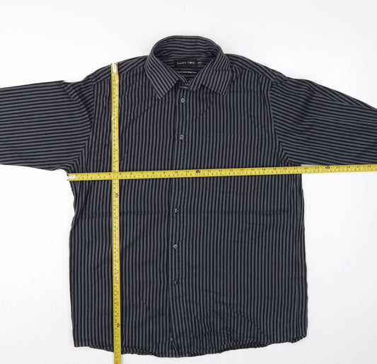 Double TWO Men’s Black Grey Stripe 15.5 Collar Cotton Button-Up Shirt