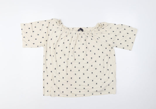 Marks & Spencer Women Ivory Floral Off Shoulder Blouse Size 14 3/4 Bell Sleeve