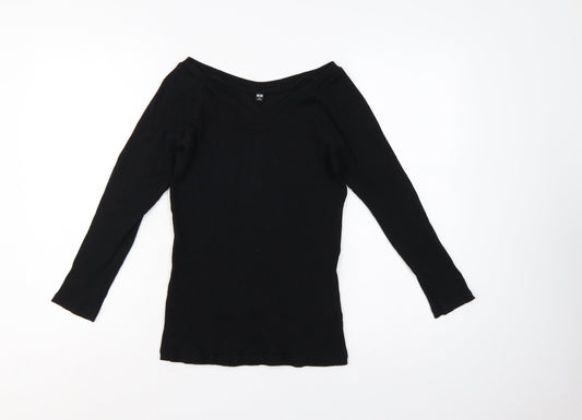 Uniqlo Women Black M Ribbed V-Neck Long Sleeve Slim Basic T-Shirt