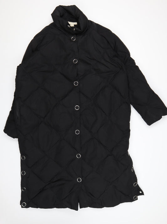 H&M Women’s Black S Long Quilted Down Puffer Coat Snap Fastenings