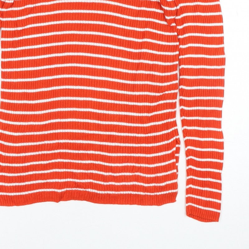 Vila Women Orange White Striped Rib Knit Mock Neck Long Sleeve Top S