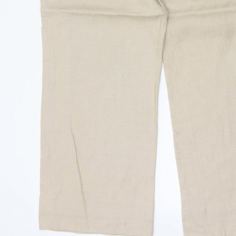 Planet Women Beige UK 14 100% Linen Pleated Straight Tailored Trousers