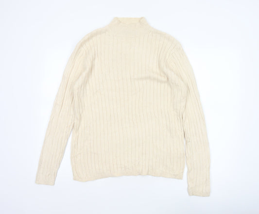 Hawkshead Men’s Ivory Cotton Rib Knit Mock Neck Pullover Jumper L
