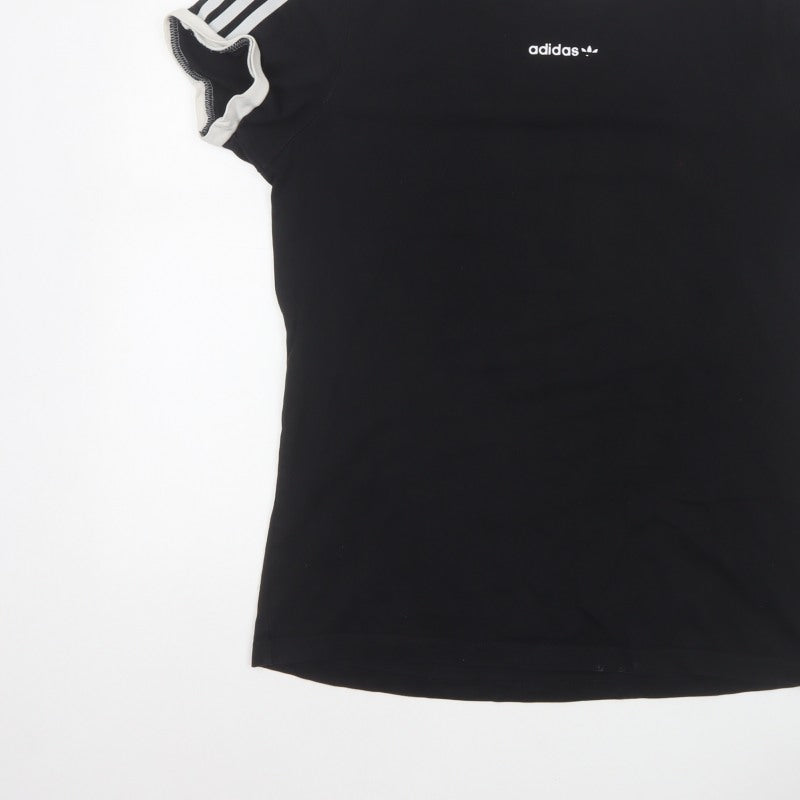 Adidas Women Black UK 10 Ringer Stripe Short Sleeve Cotton T-Shirt
