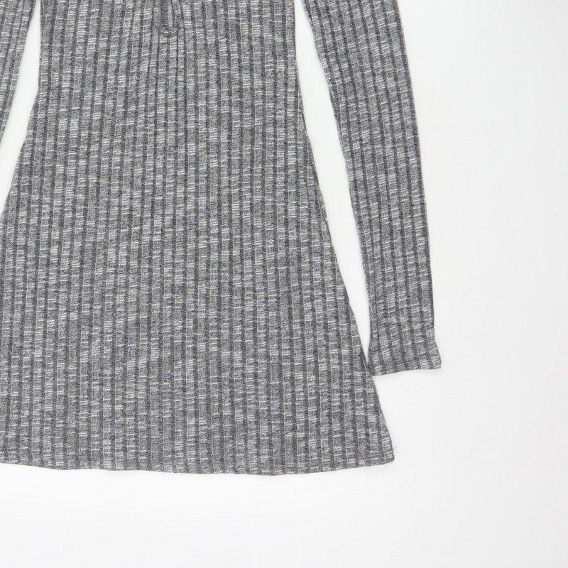 ASOS Design Women Grey Rib Knit Button Skater Dress UK 8
