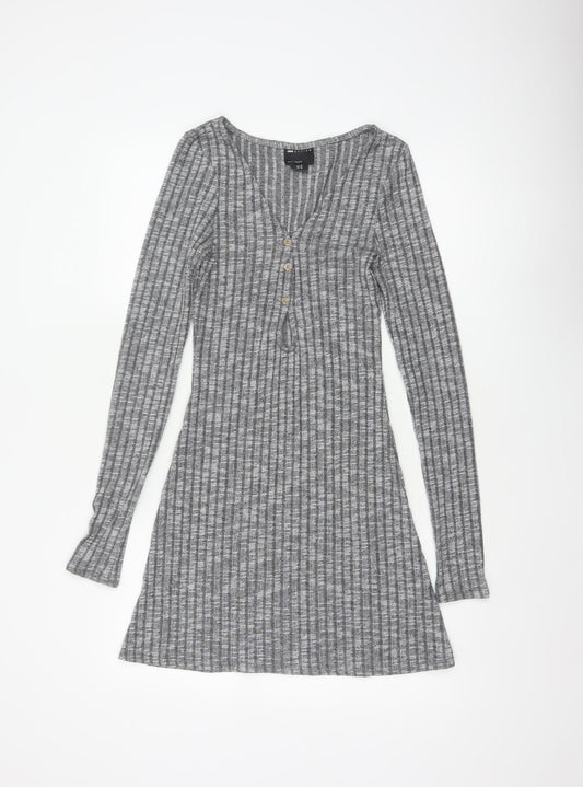 ASOS Design Women Grey Rib Knit Button Skater Dress UK 8