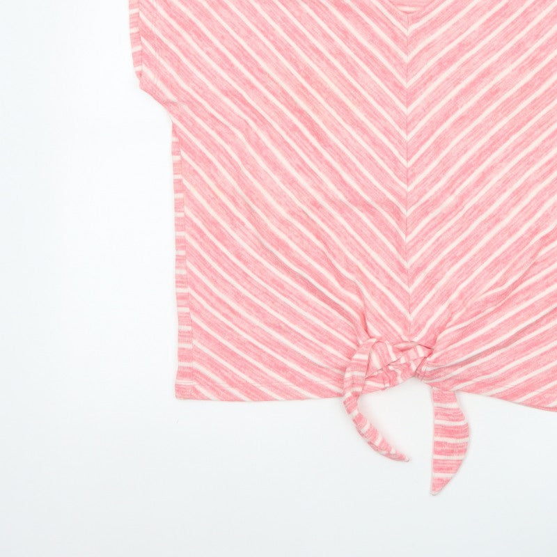 Cotton Traders Women Pink Stripe V-Neck Tie Front T-Shirt UK 14