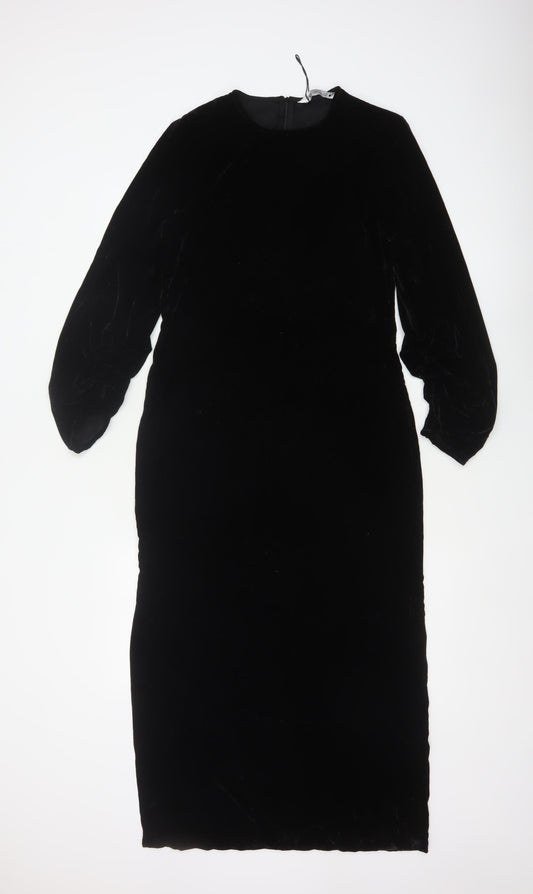 Zara Women Black S Velvet Long Bodycon Balloon Sleeve Party Dress