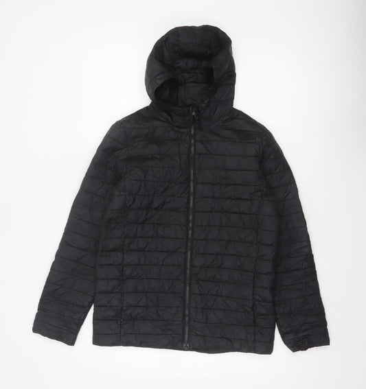 Back view of Lands' End Teens Black, size 14, Puffer Jacket Hooded Quilted