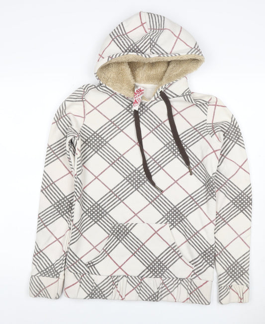 Bershka Women’s M White Check Fleece-Lined Hooded Pullover Hoodie