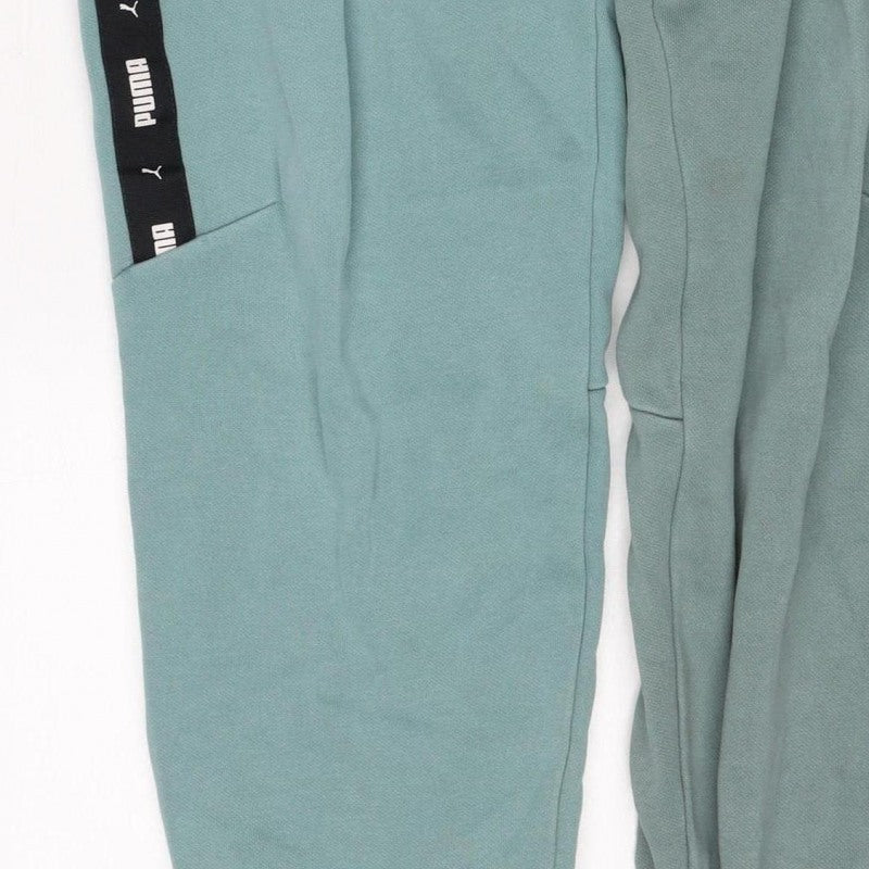 Puma Boys Green Track Pants 13-14 Years Cotton Blend Logo Tape Joggers