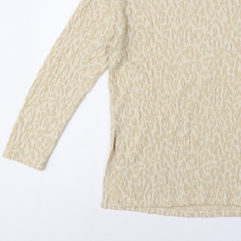 MNG Women Beige S Leopard Textured Long Sleeve Basic T-Shirt Top