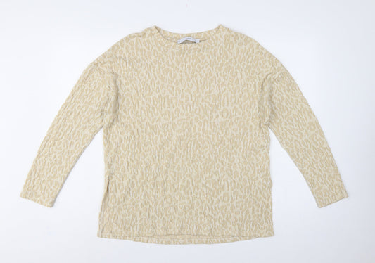 MNG Women Beige S Leopard Textured Long Sleeve Basic T-Shirt Top