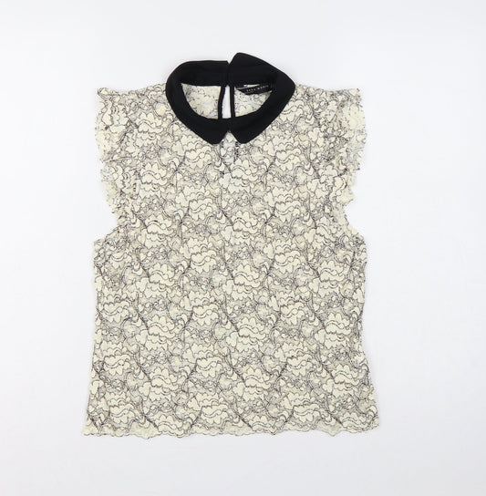 Zara Women Ivory Black Floral Lace Collared Sleeveless Blouse UK 12