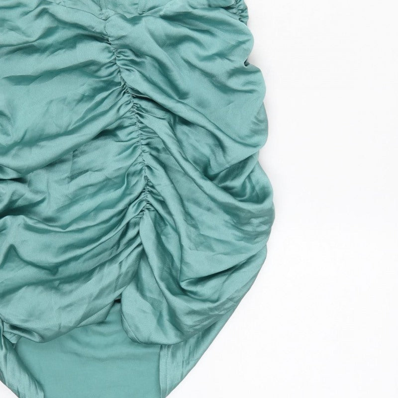 PrettyLittleThing Women Green UK 10 Satin Ruched Bodycon Mini Dress