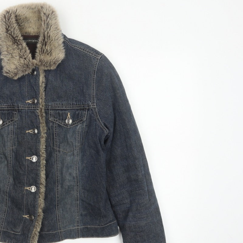 Principles Women Blue Cotton Faux Fur Trim Basic Jacket UK 12 Padded