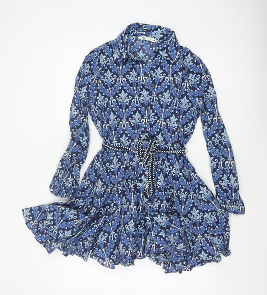 Zara Women Blue UK 8 Cotton Floral Belted Shirt Dress