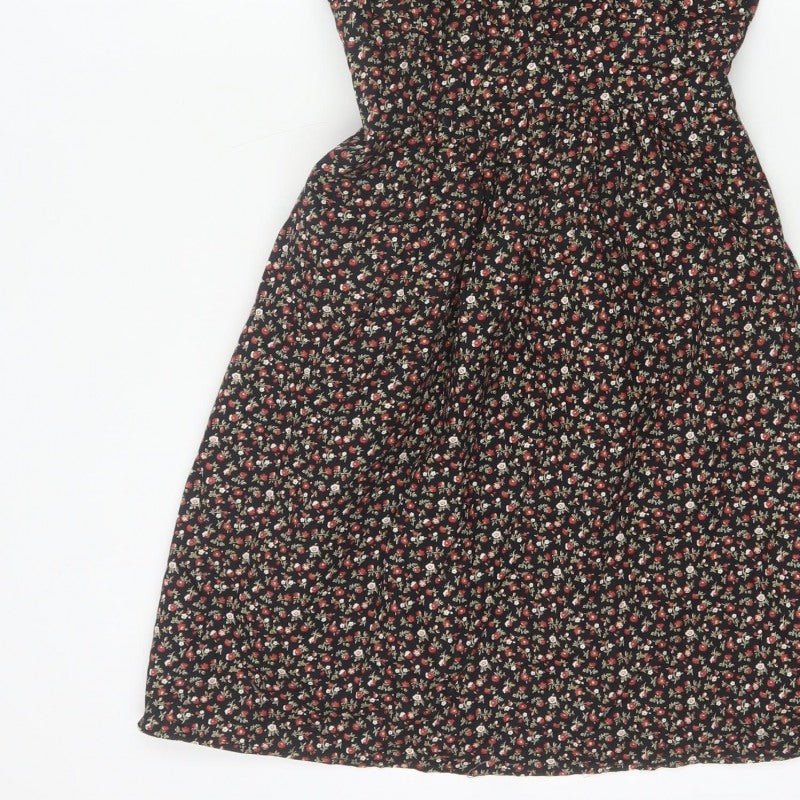 Pop England Women’s Black Floral Fit & Flare Dress UK 10 Puff Sleeve