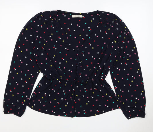 Oasis Women Multicoloured Star Print V-Neck Long Sleeve Blouse Size L