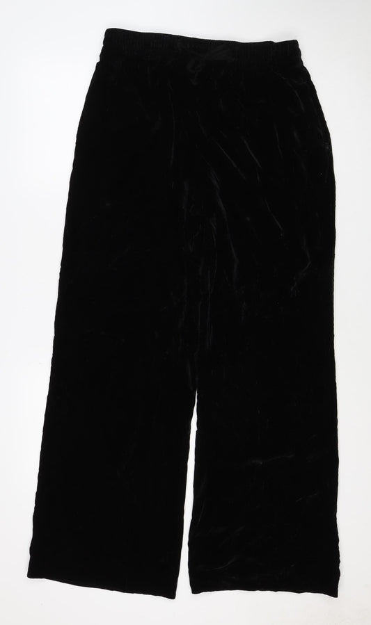 Zara Womens Woman Black Velvet Straight Leg Trousers UK 8 Elasticated