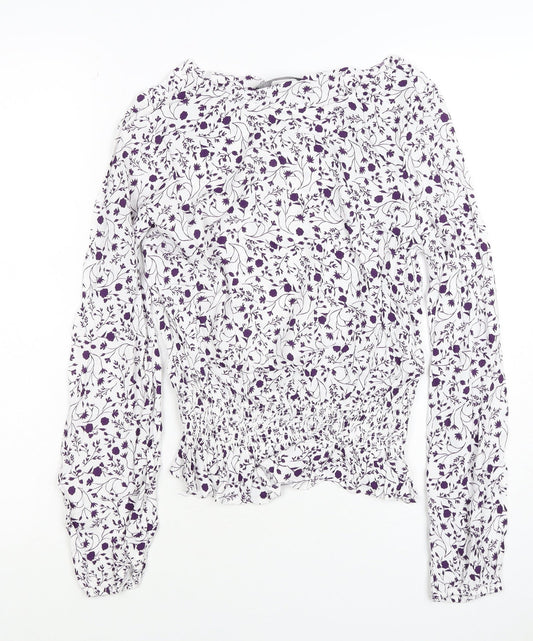 M&S Women White Purple Floral Cropped Viscose Blouse Size 10