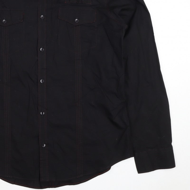 Next Men's Black L Long Sleeve Button-Up Shirt Red Stitching Pockets