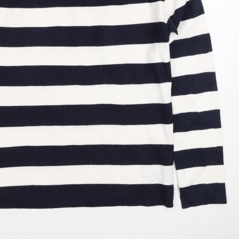 M&S Women Navy Ivory Stripe Crew Neck Button Shoulder Jumper Size S
