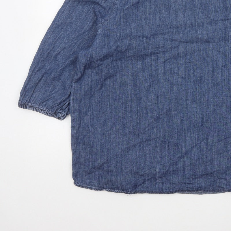 Marks and Spencer Women Blue UK 16 Denim Ruffle Neck 3/4 Sleeve Blouse