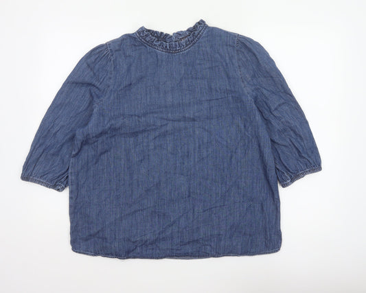 Marks and Spencer Women Blue UK 16 Denim Ruffle Neck 3/4 Sleeve Blouse