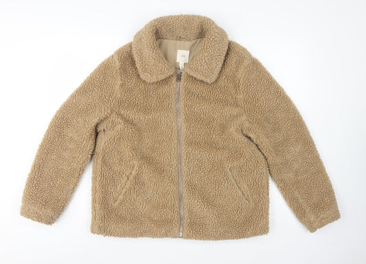 H&M Women’s Beige Teddy Fleece Zip Jacket Size S Collared