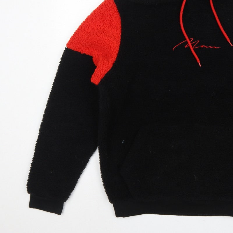 boohooMAN Men's Black Red Sherpa Fleece Hoodie Small Pullover Logo