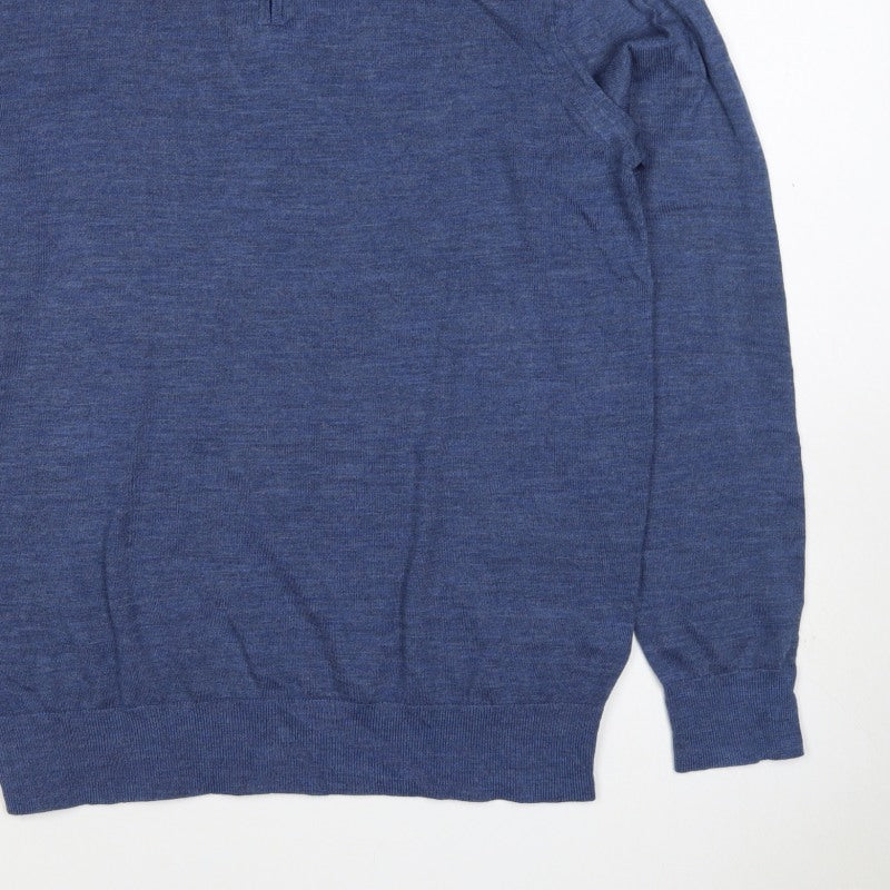 M&S Autograph Men Blue M Merino Wool 1/4 Zip High Neck Jumper