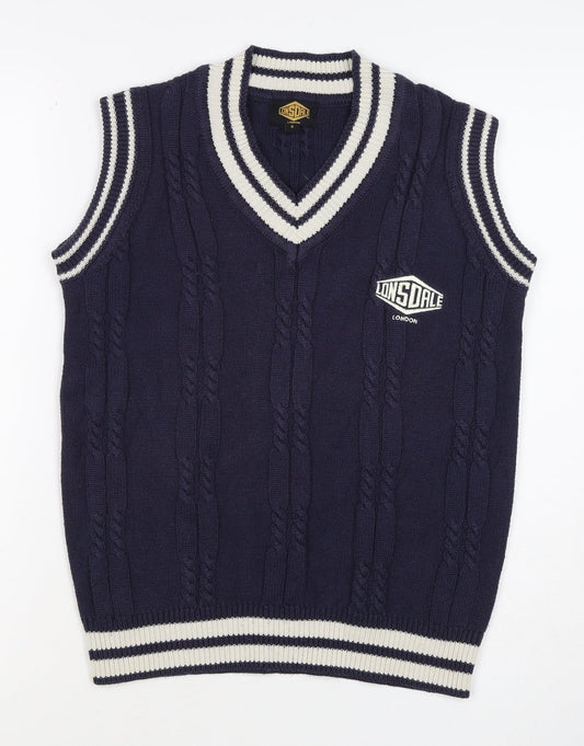 Back view of Lonsdale Men’s Navy S Cable Knit V-Neck Cricket Sweater Vest Logo