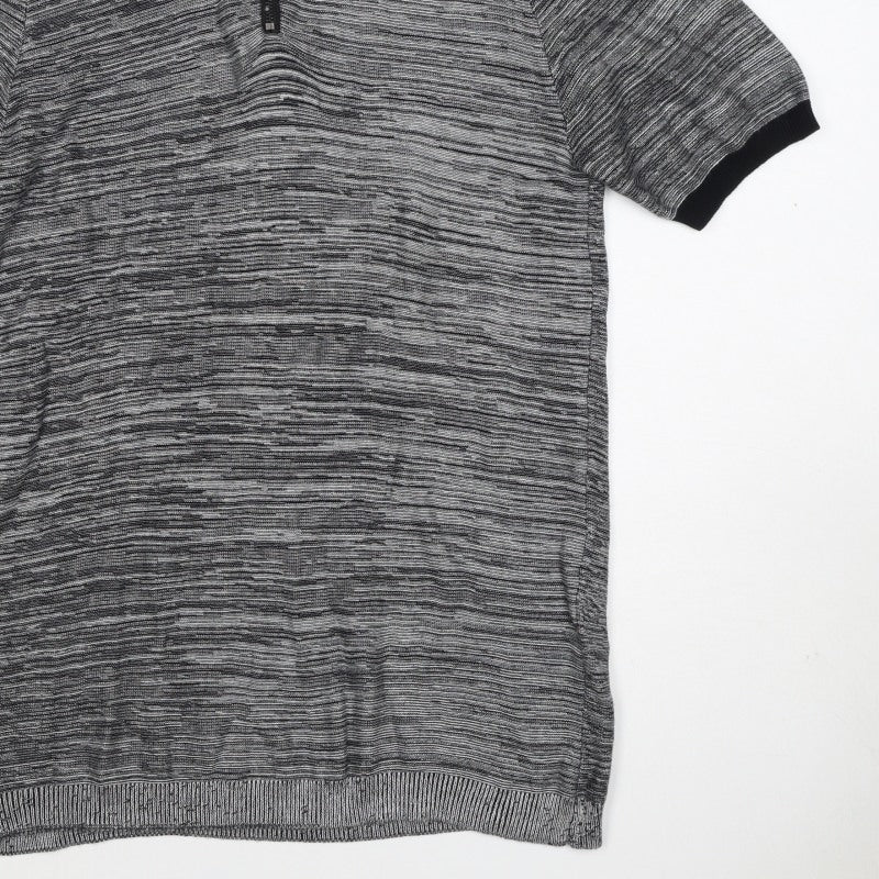 Additional view of River Island Men’s Grey Striped Knit Zip Polo Shirt, size S