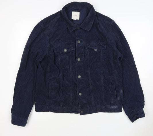 H&M Women’s Blue Corduroy Basic Jacket Size L Collared Button Casual