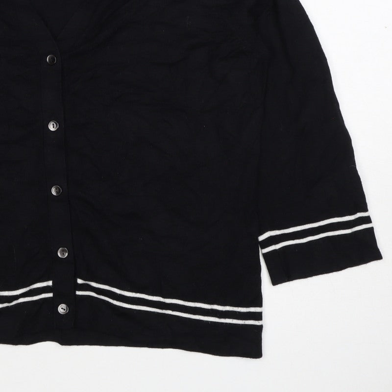 Viyella Women Black L V-Neck 3/4 Sleeve Striped Trim Cardigan