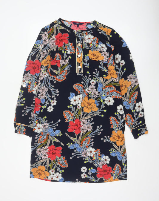 Next Women Blue Floral Shift Dress UK 10 Long Sleeve Pockets