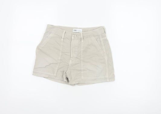 Zara Women Beige UK 6 High Rise Cotton Utility Shorts Pockets