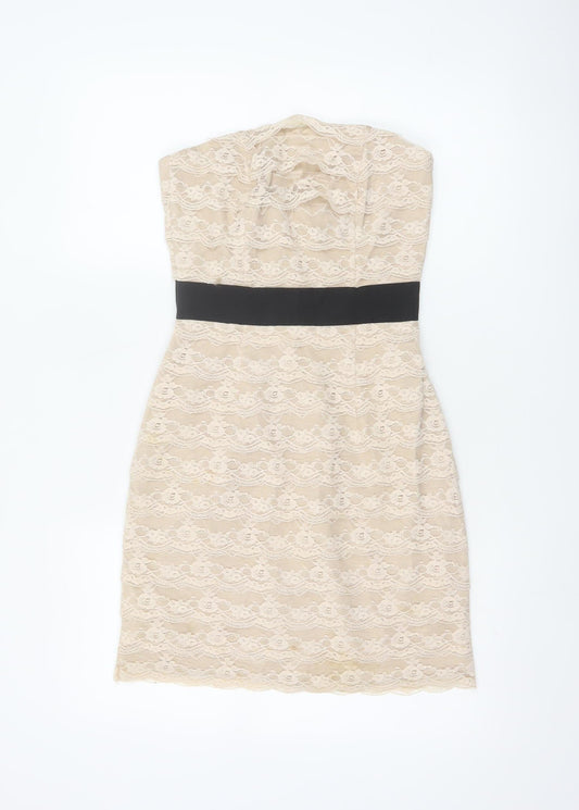 H&M Women Beige Lace Fit & Flare Strapless Dress UK 6 Wedding Party