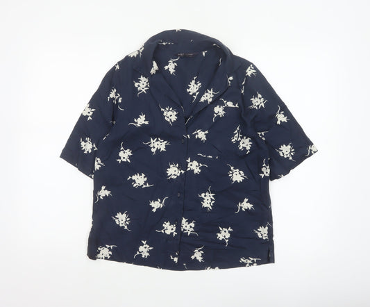Marks & Spencer Women Blue UK 6 Floral Short Sleeve Button-Up Blouse